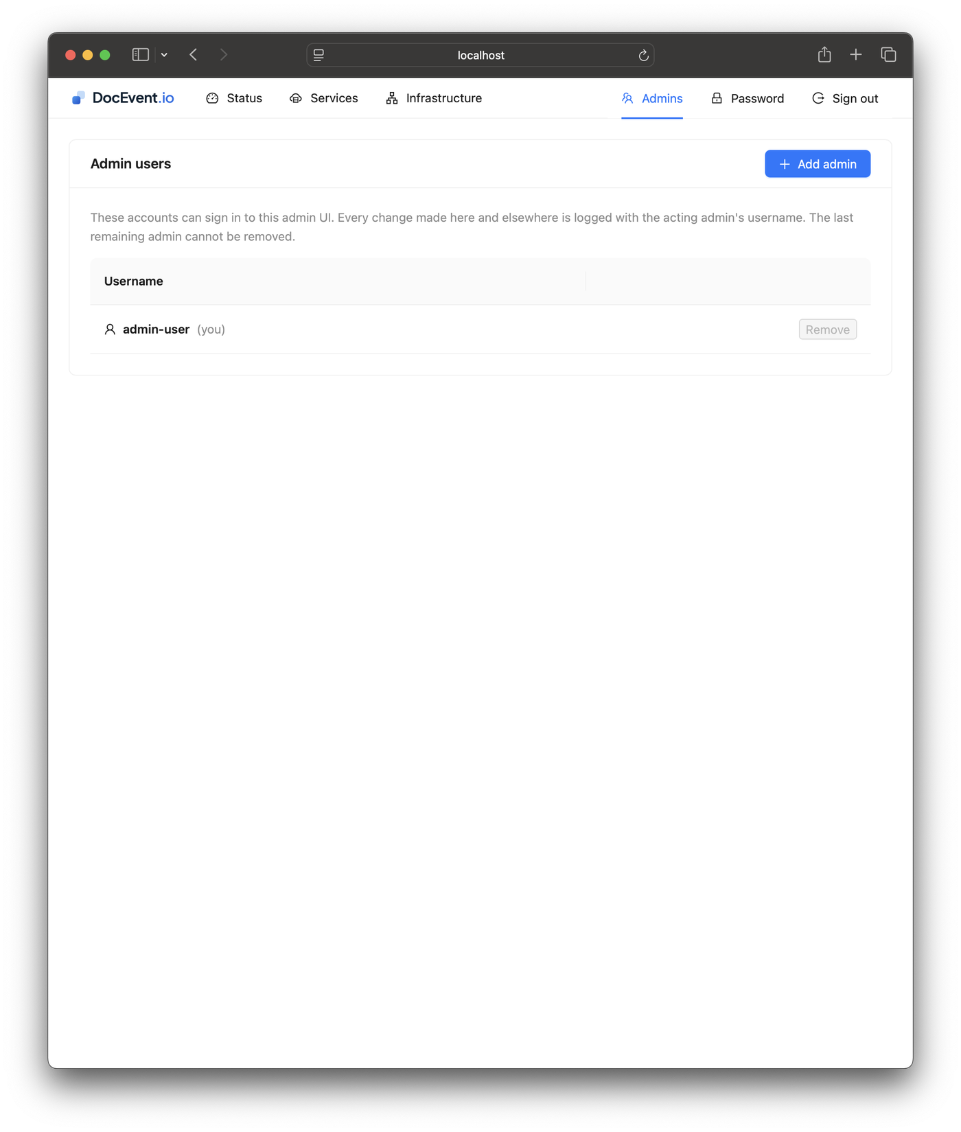 DocEvent SFS Server admin UI — Admin accounts