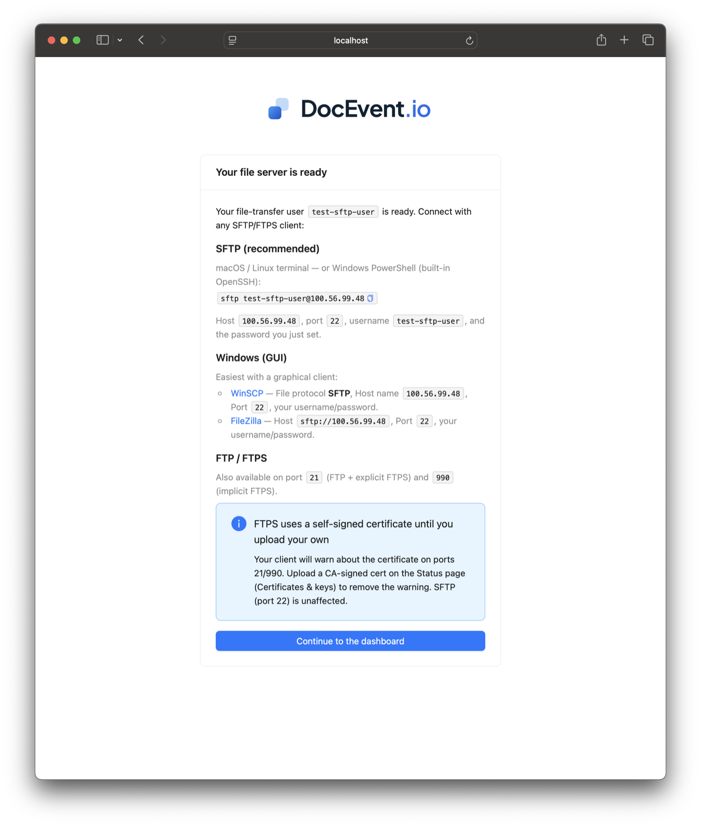 DocEvent SFS Server admin UI — Ready to connect