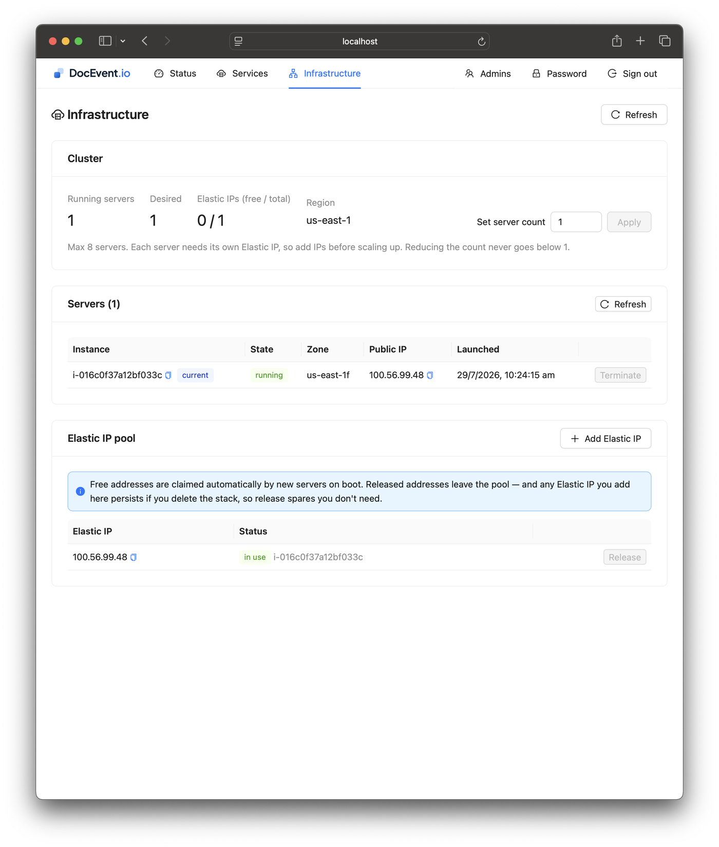 DocEvent SFS Server admin UI — Fleet scaling