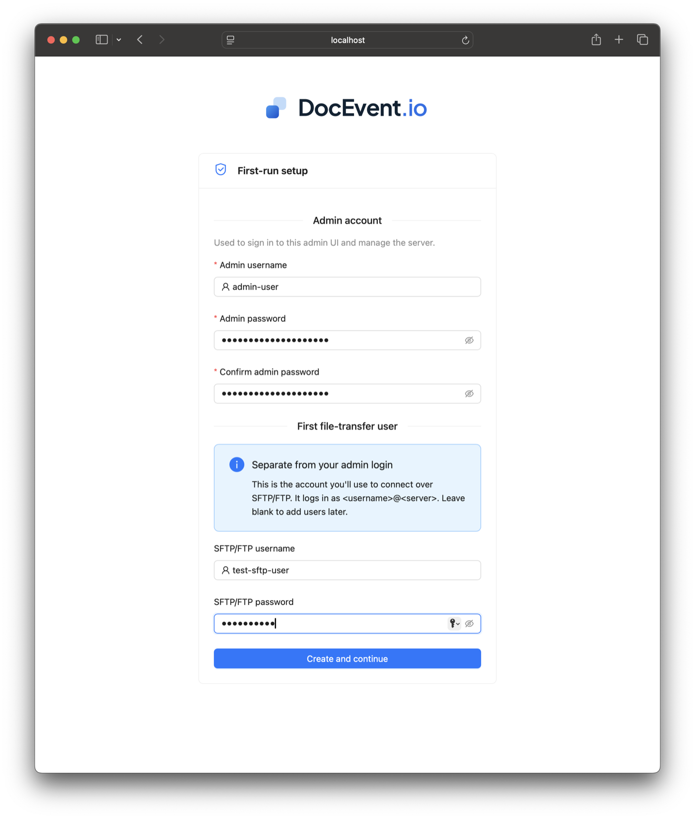 DocEvent SFS Server admin UI — First-run setup