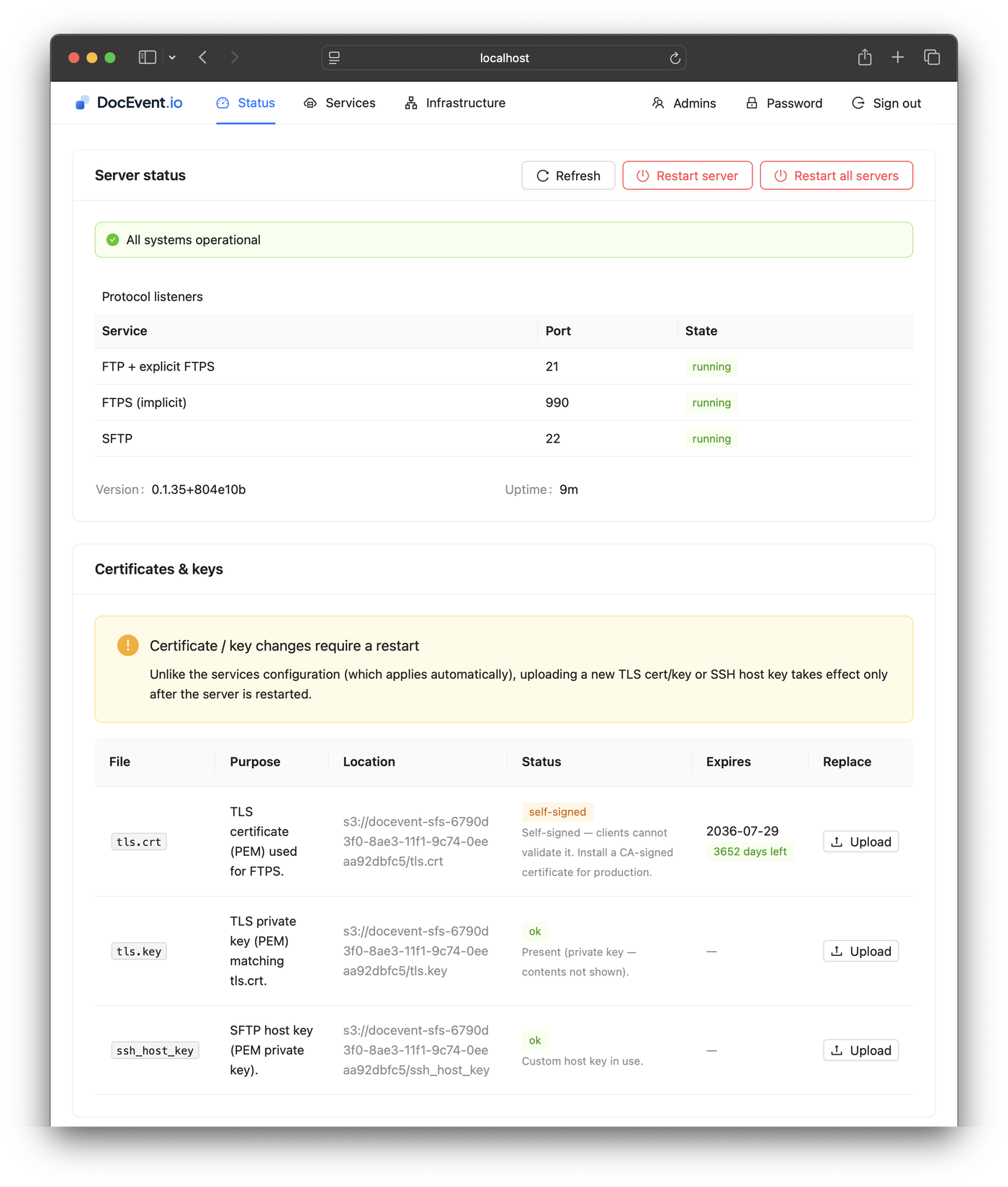 DocEvent SFS Server admin UI — Live status & certificates