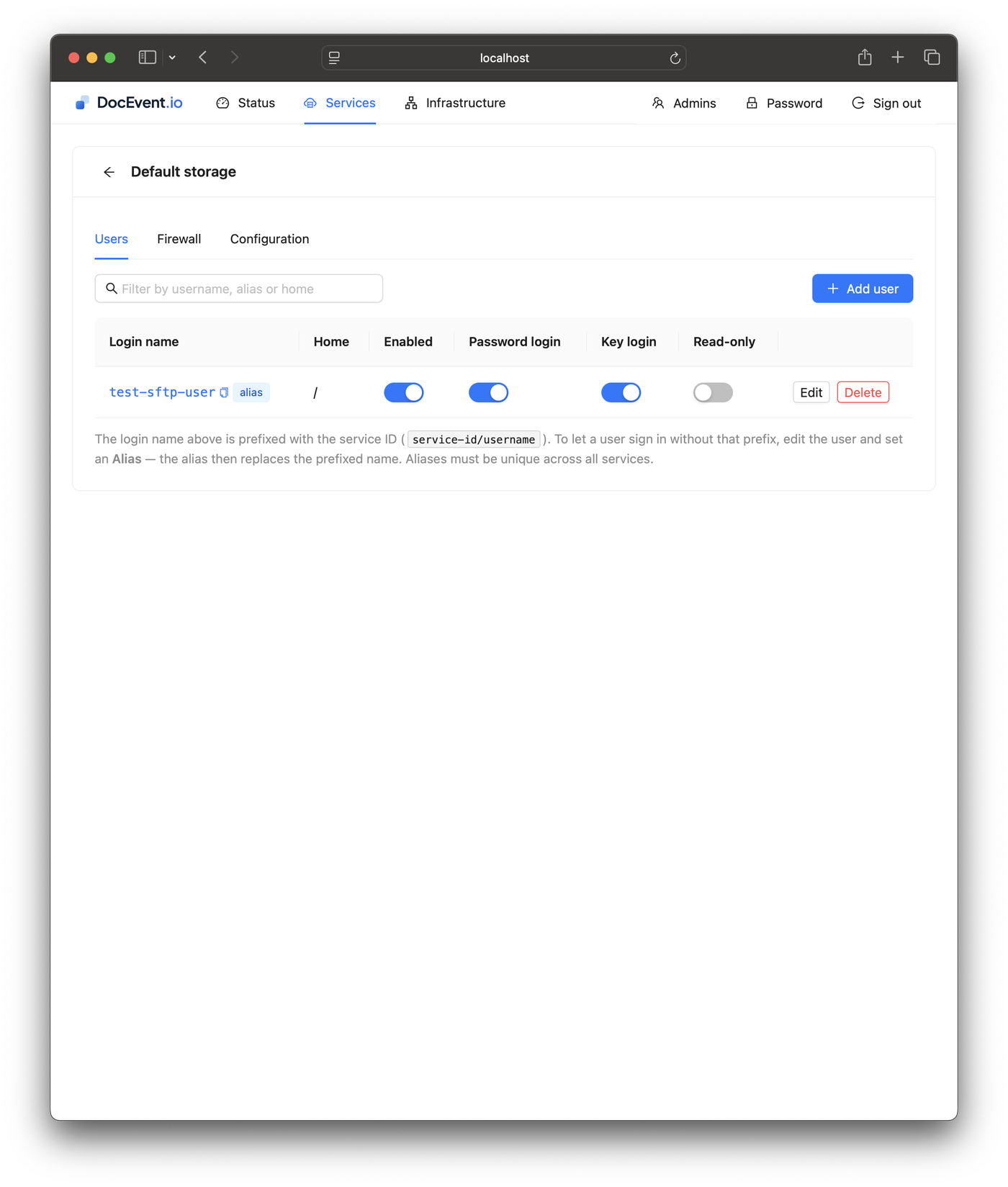 DocEvent SFS Server admin UI — User management