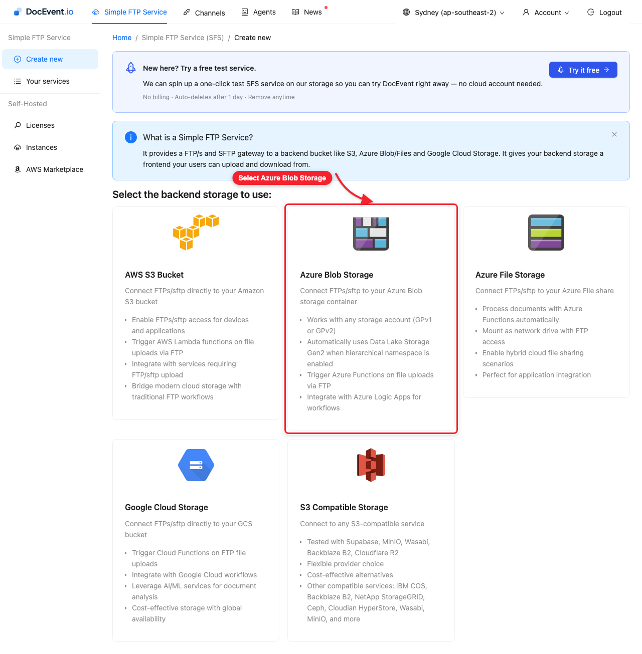 Select the Azure Blob Storage backend