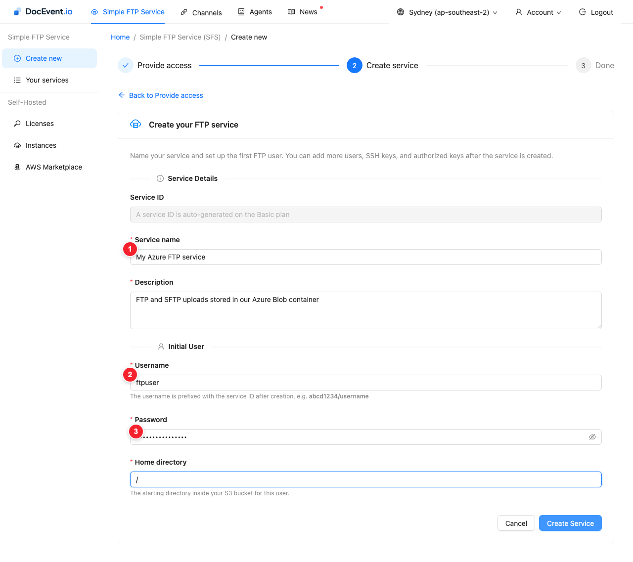 Service details and the first user