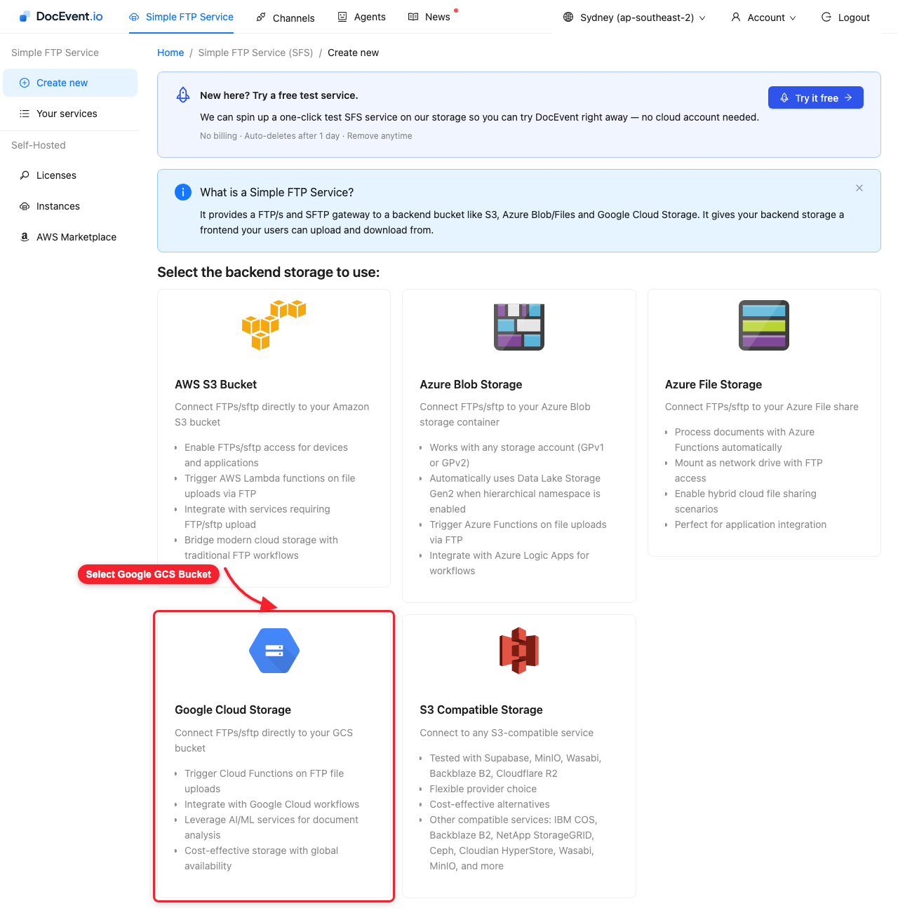 Select the Google GCS backend