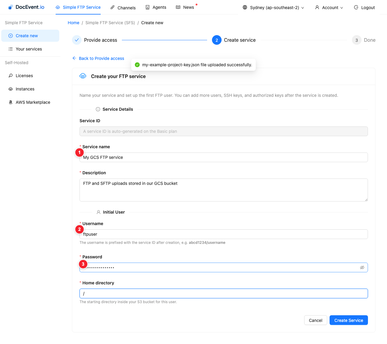 Service details and the first user