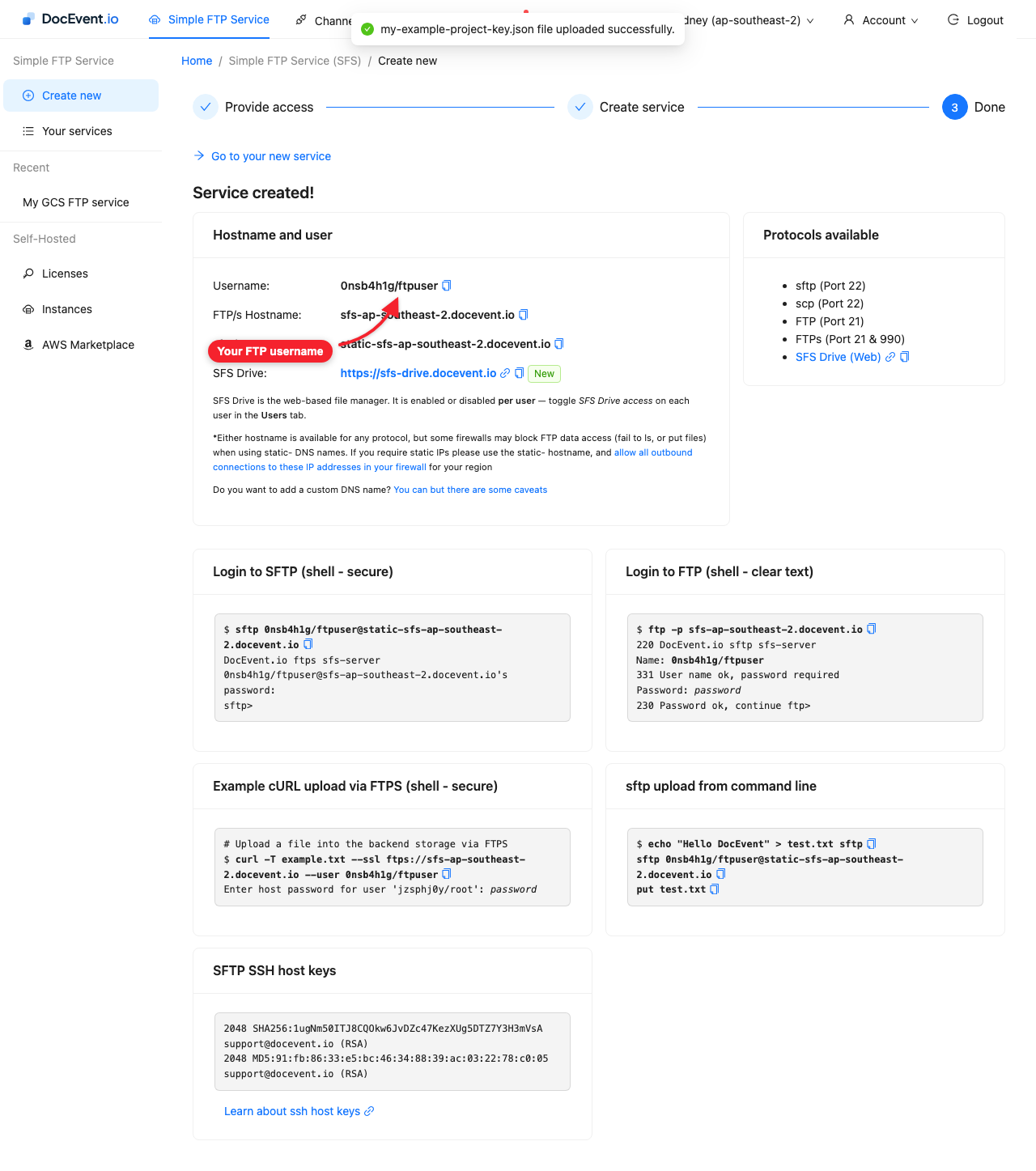 Service created, with hostname and username