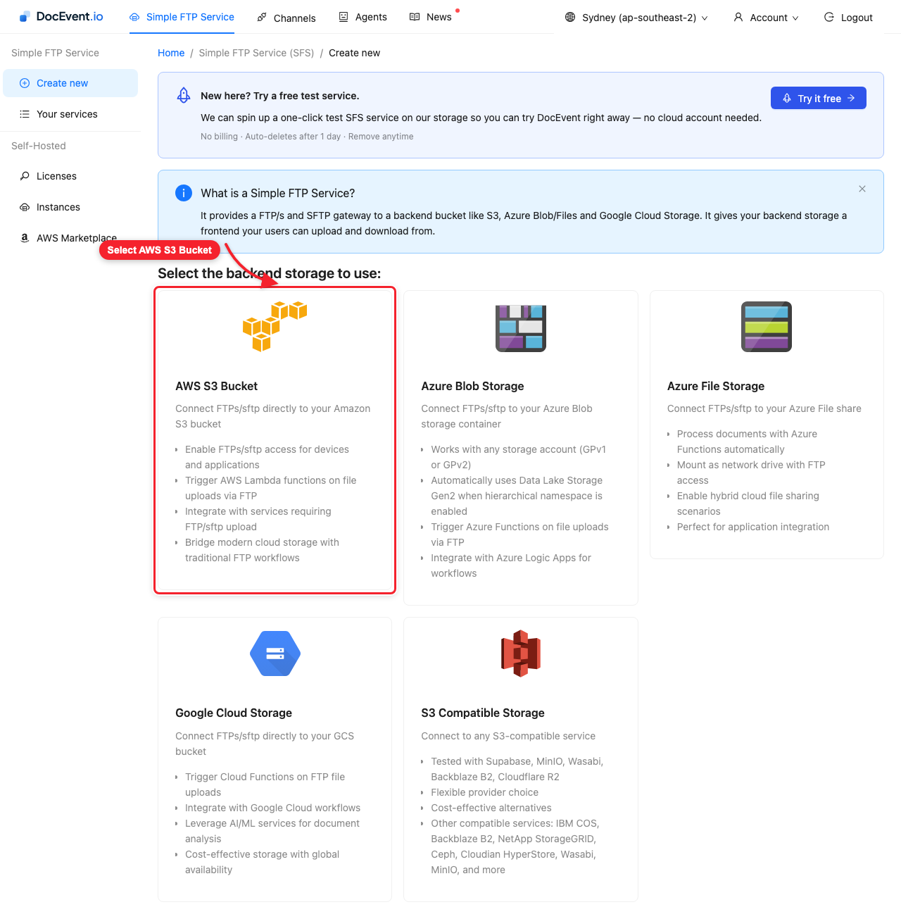 Select the AWS S3 Bucket backend