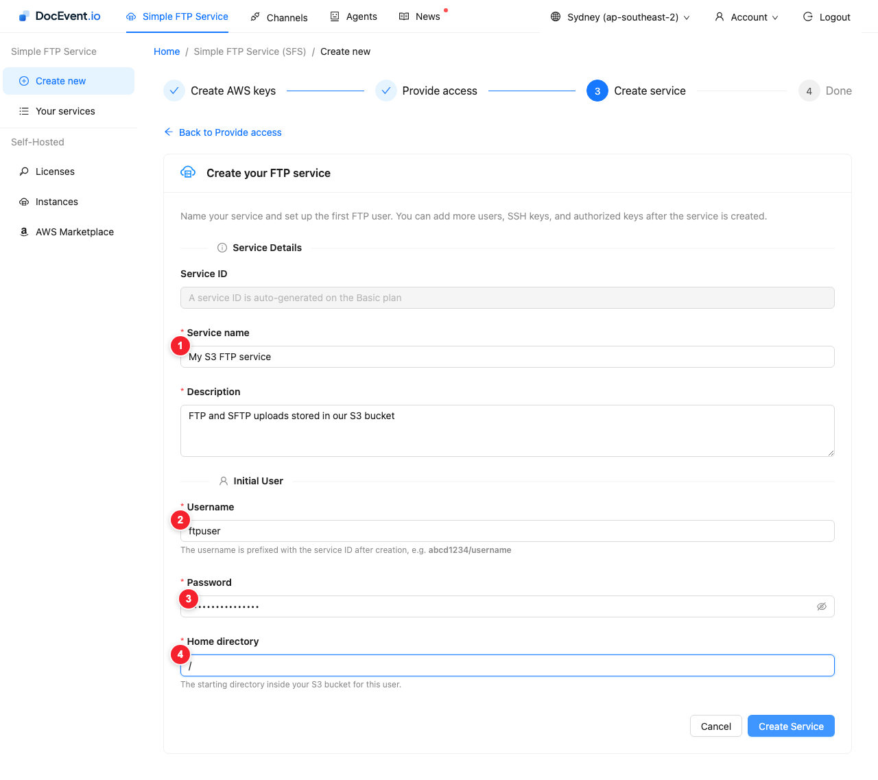 Service details and the first user