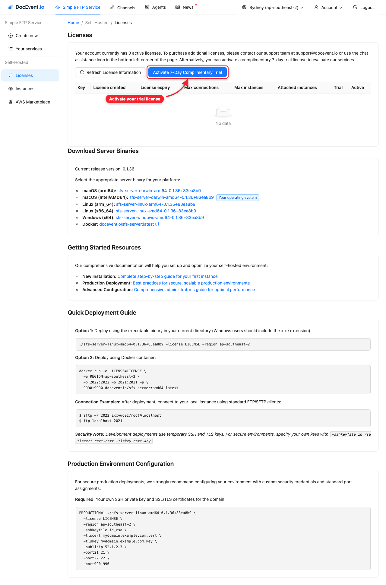 The Licenses page with the trial button and downloads